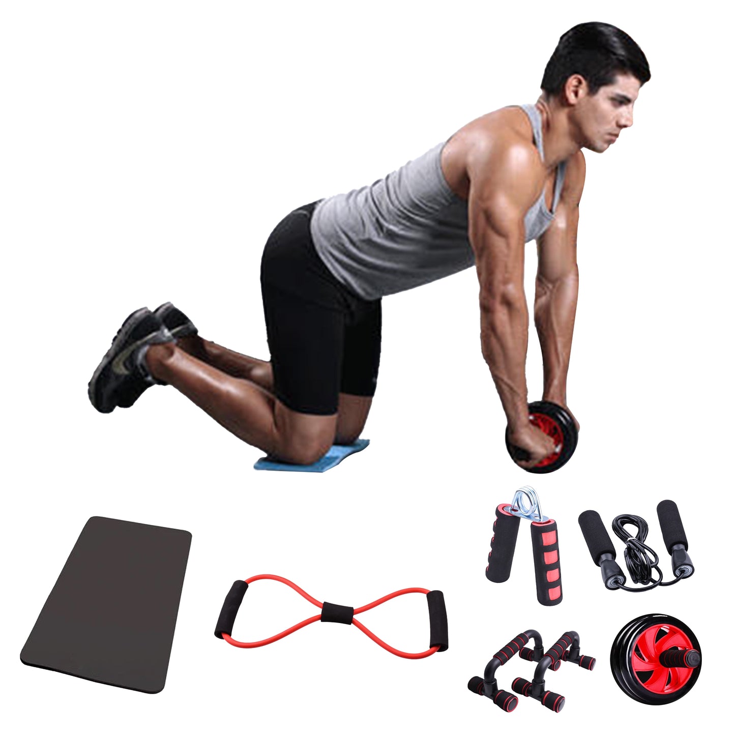 6 Piece Premium Workout Sets - 2 X Push up Bars, 1 X Double Wheel Ab Roller, 1 X Foam Grip Jump Rope, 1 X 8-Shape Resistance Band, 1 X Foam Knee Mat